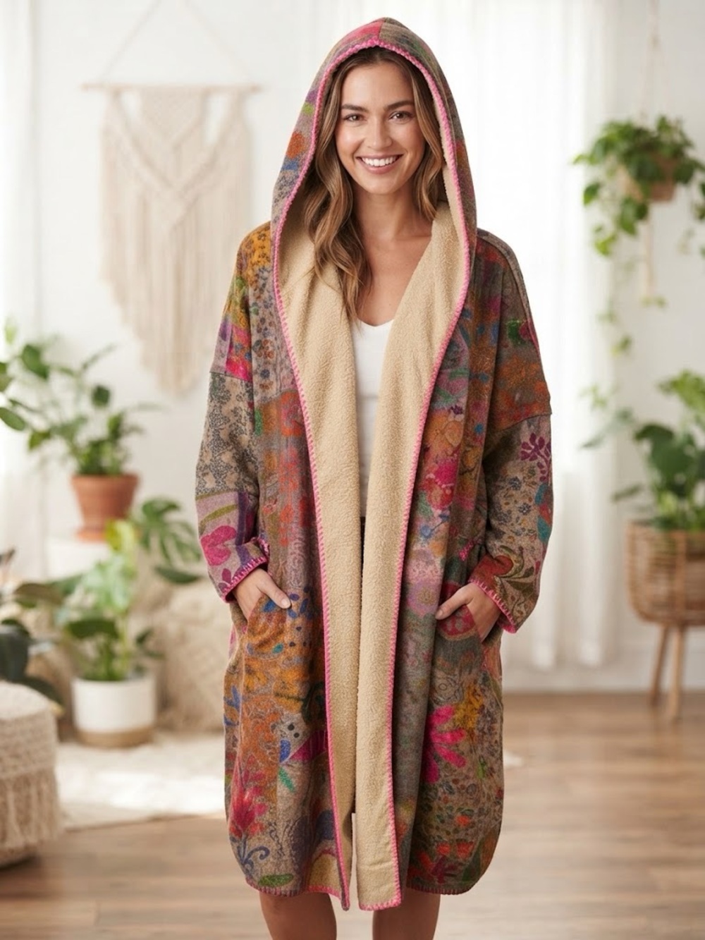 Natural Life size S/M Cozy Hooded Floral Robe - Pink & Tan Boho Patchwork